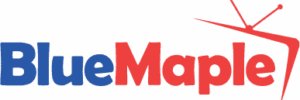 BlueMaple logo with blue and red text and a red maple leaf shaped like a TV antenna.