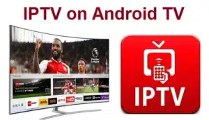 How to Install IPTV on Android TV 8 Curved TV showing soccer match beside red IPTV app icon and text 'IPTV on Android TV'